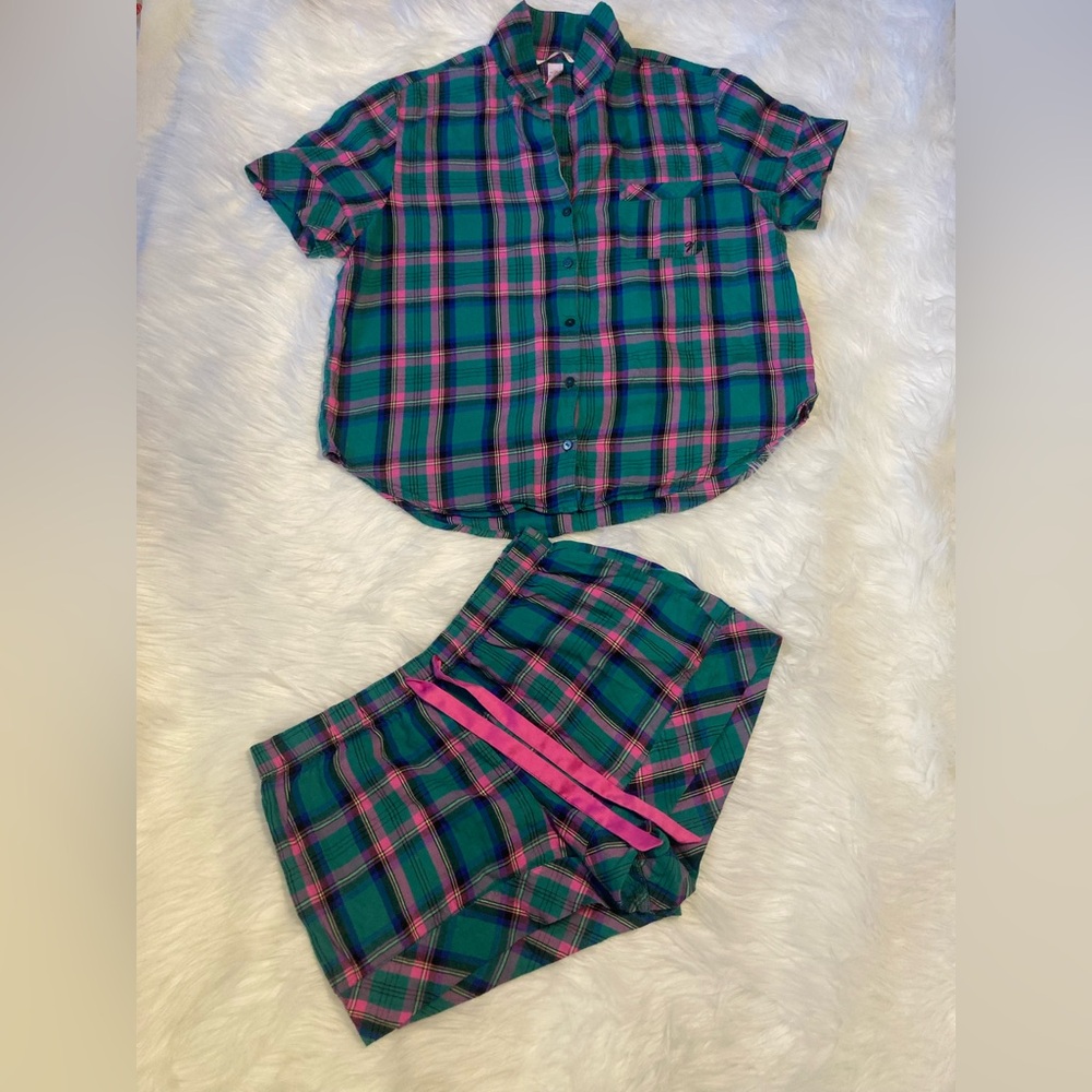 Victoria's Secret Kids Green and Pink Plaid Pajama Set